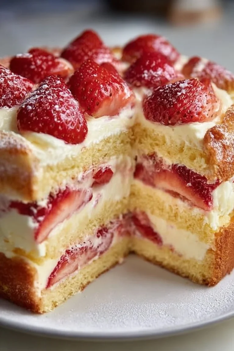 Heavenly Strawberry Custard Cake topped with fresh strawberries and creamy custard