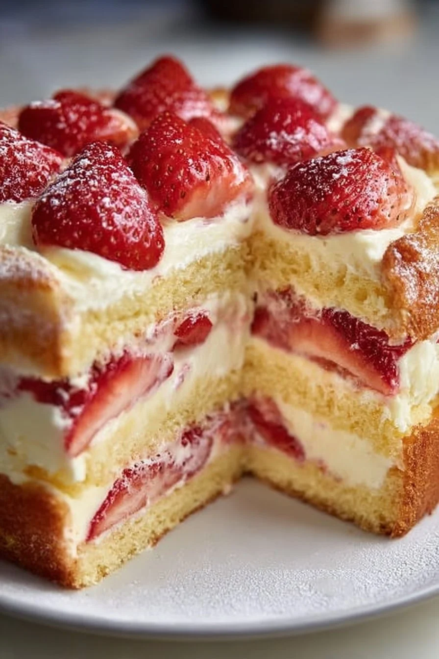 Heavenly Strawberry Custard Cake topped with fresh strawberries and creamy custard