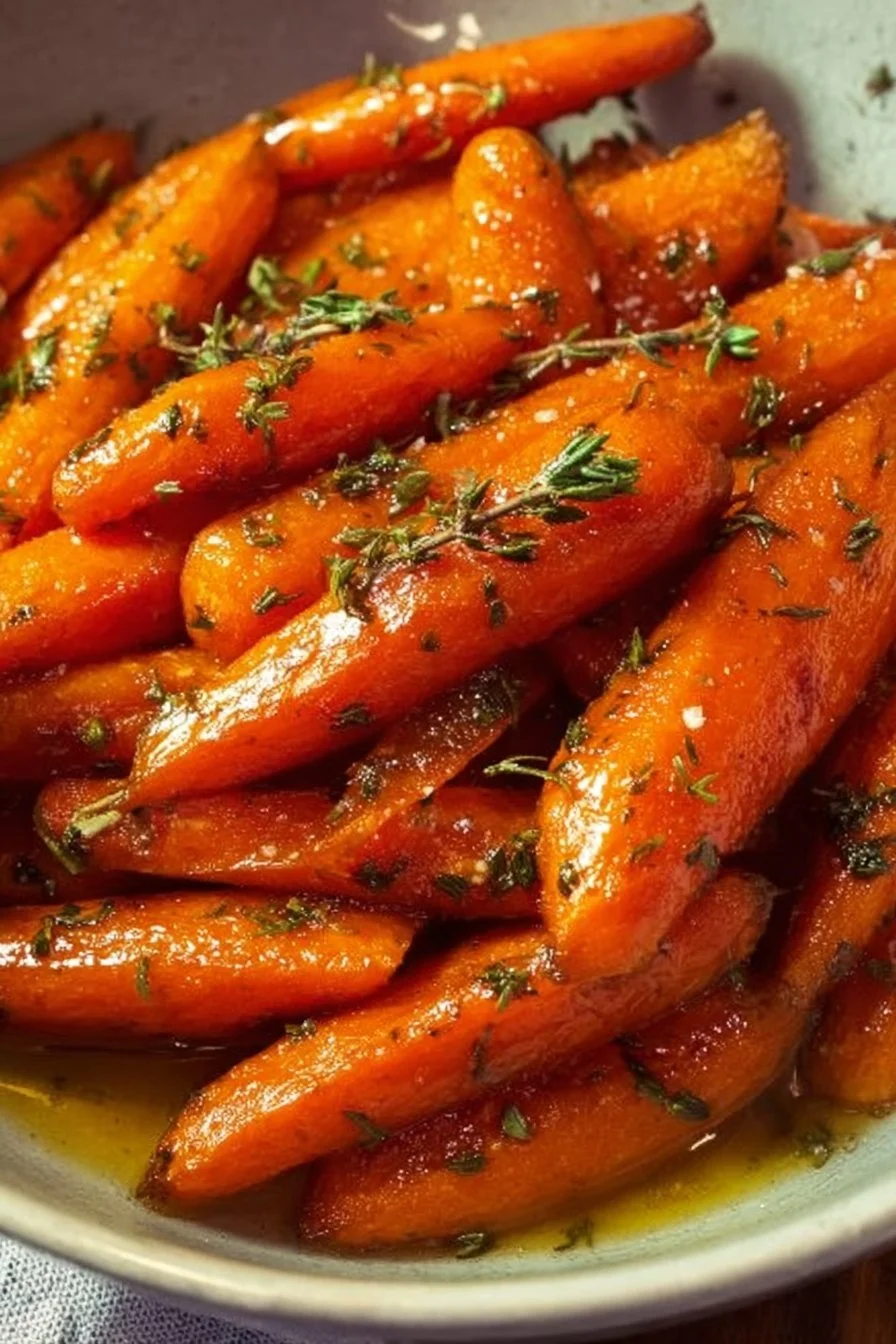 Plate of honey roasted carrots garnished with herbs