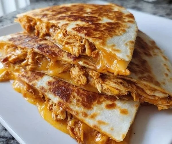 Hot honey BBQ chicken quesadillas with melted cheese and crispy tortillas