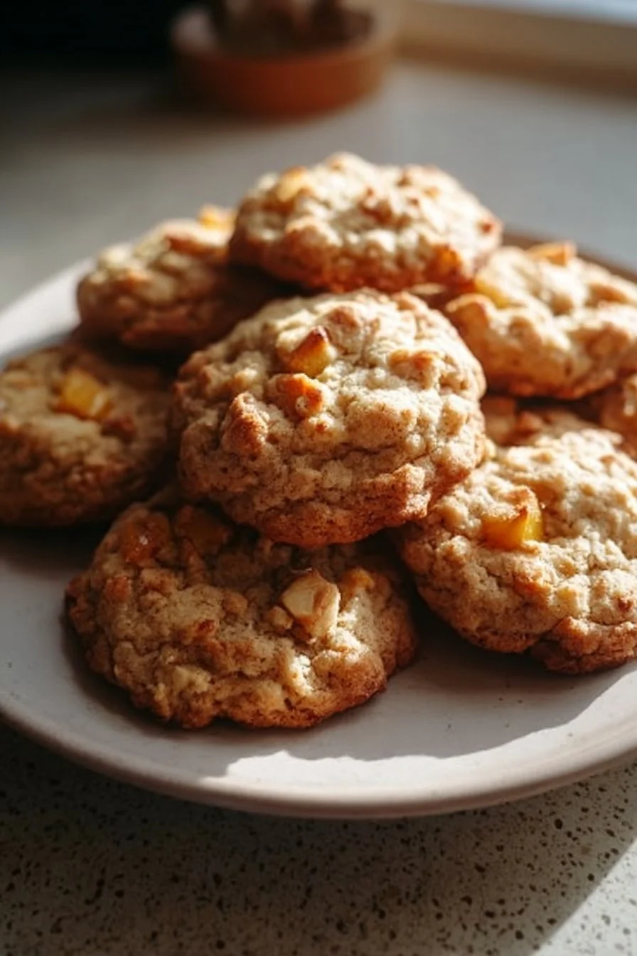 Delicious peach cobbler cookies fresh out of the oven, served on a plate.