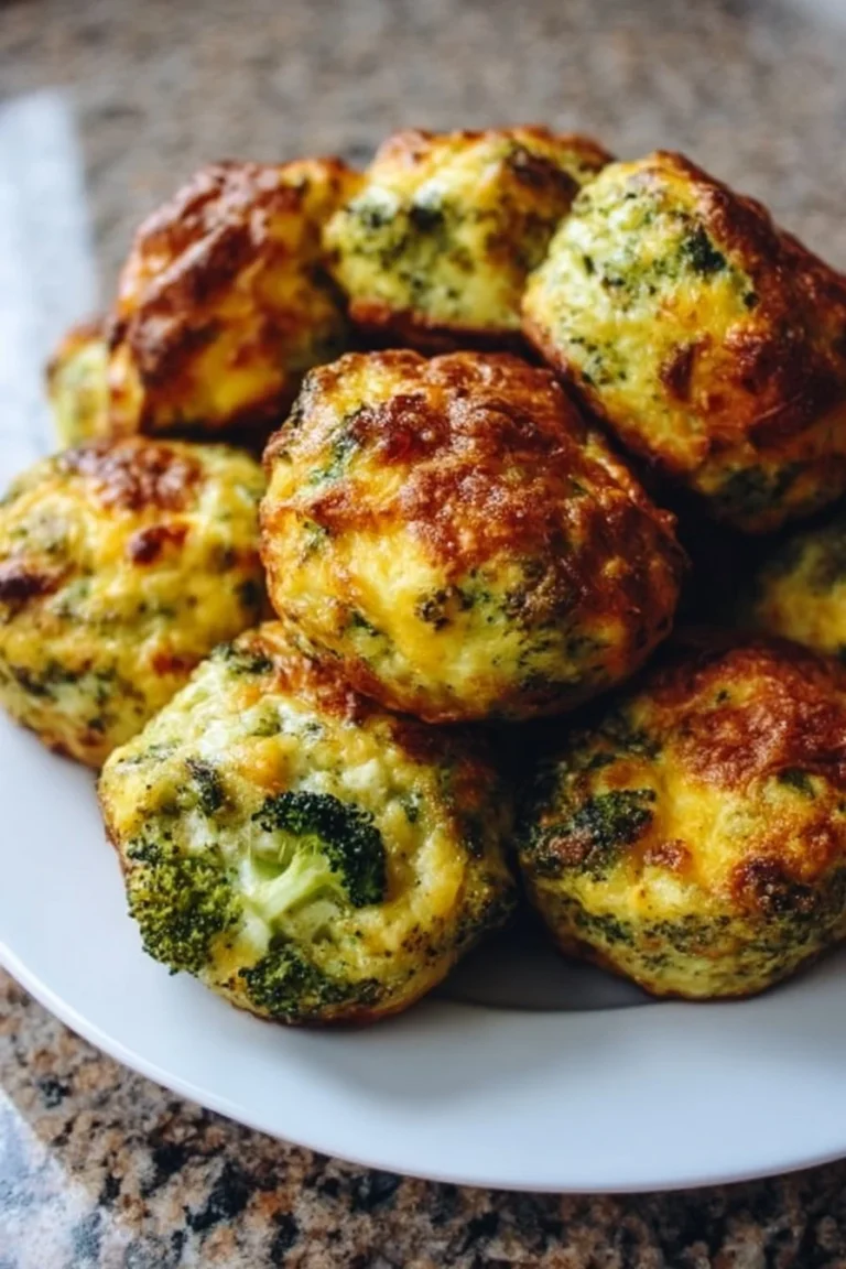 Cheesy baked broccoli balls served on a plate, garnished with herbs.