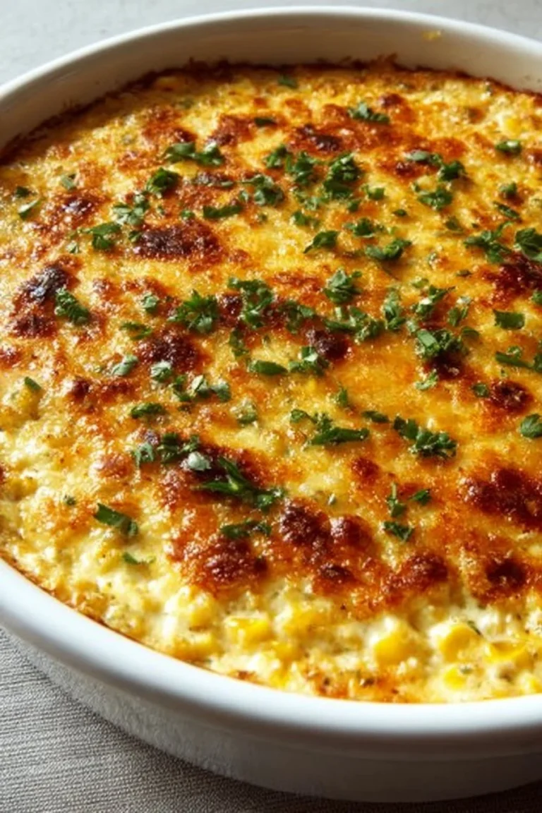 Creamy baked elote dip served in a bowl with tortilla chips