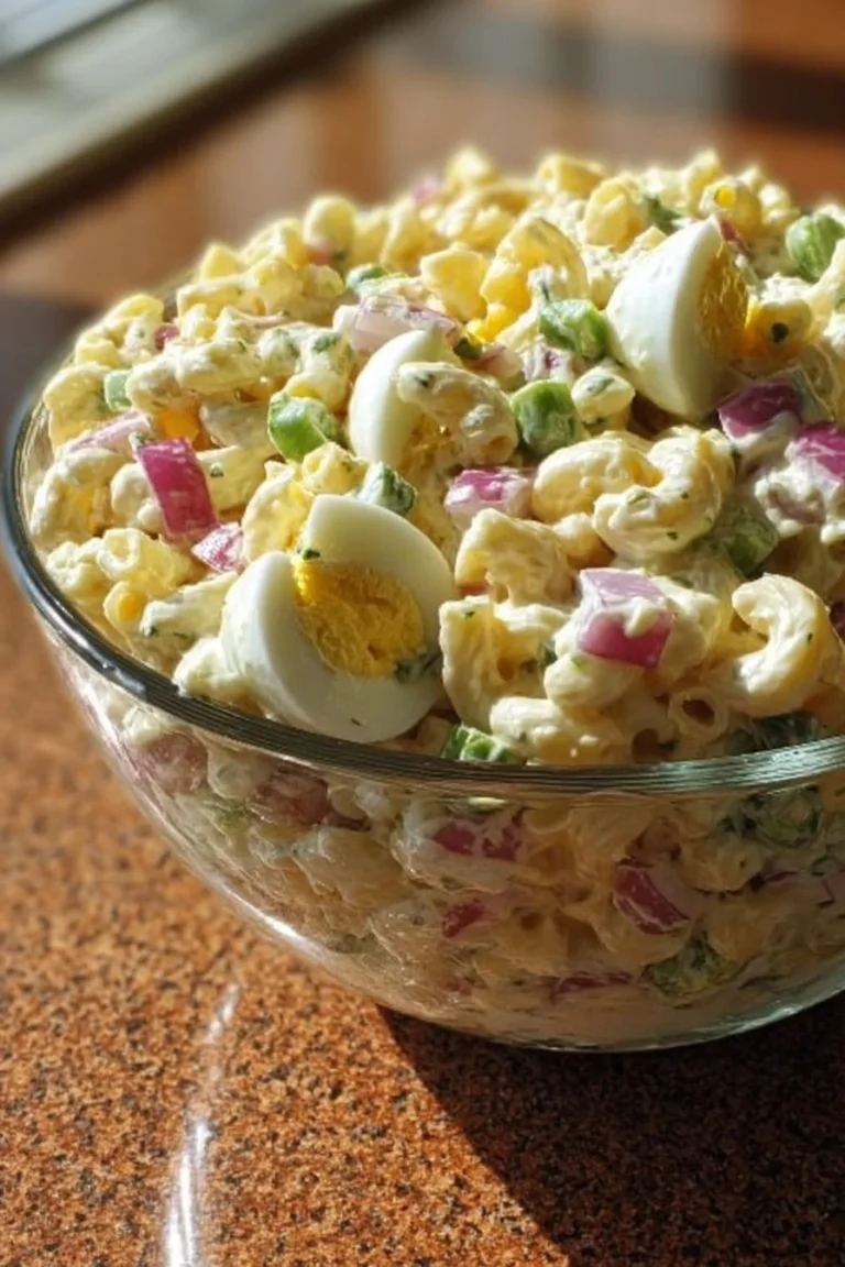 Creamy deviled egg macaroni salad served in a bowl with fresh herbs