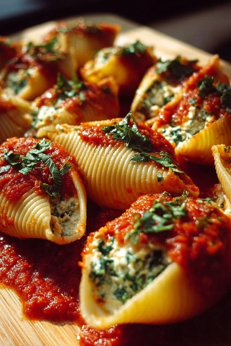 Creamy sun-dried tomato ricotta stuffed shells served on a plate