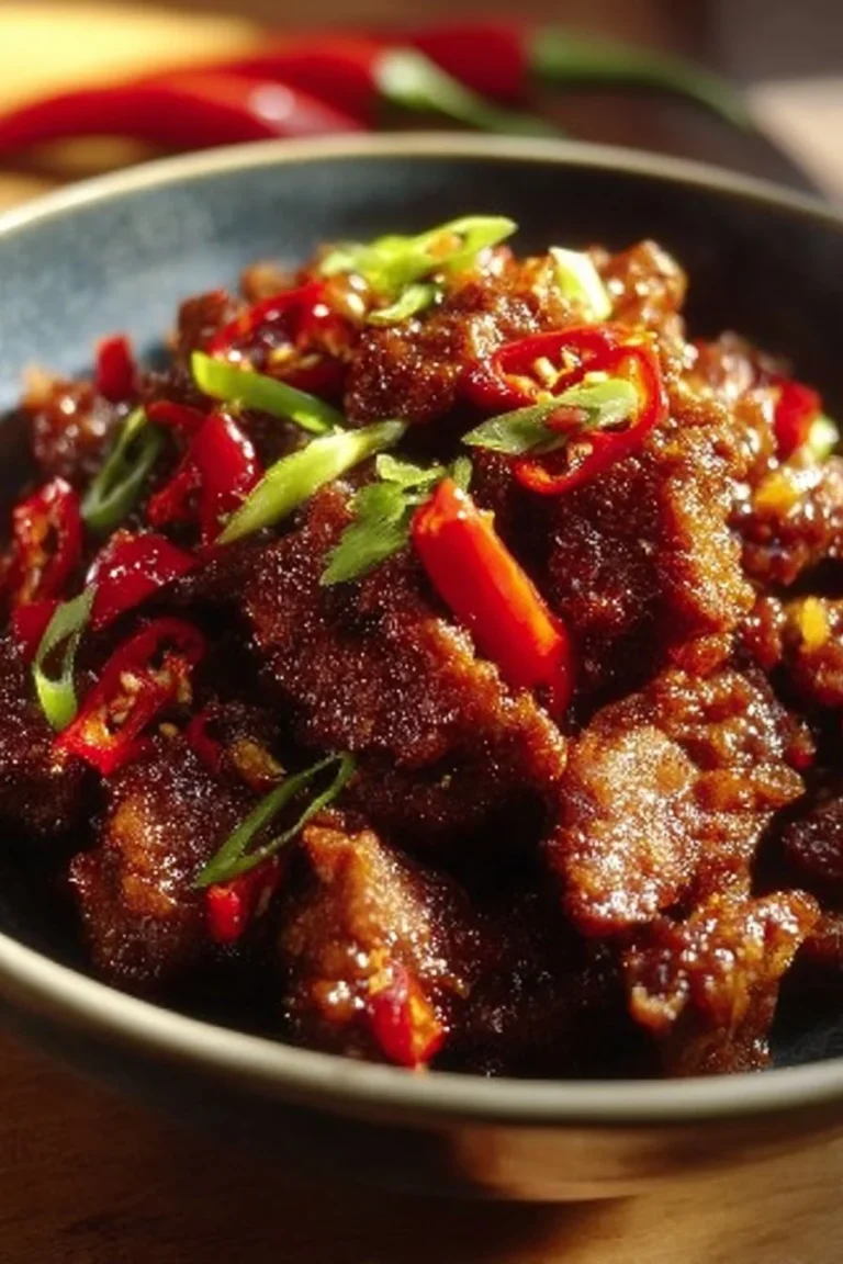 Irresistibly crispy chilli beef garnished with fresh herbs.