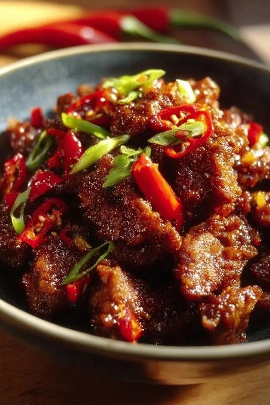 Irresistibly crispy chilli beef garnished with fresh herbs.