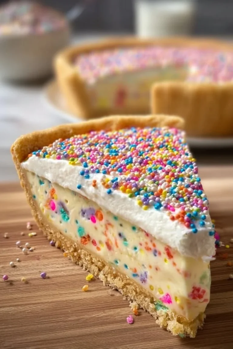 Delicious cake batter pie topped with colorful sprinkles