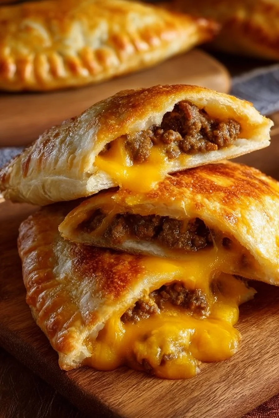Delicious cheeseburger pockets filled with gooey cheese and beef.