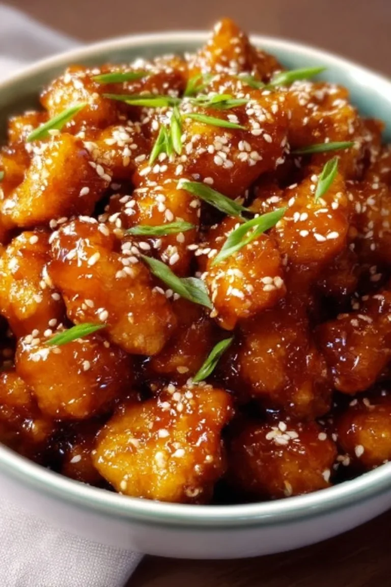 Delicious plate of honey sesame chicken garnished with sesame seeds and vegetables