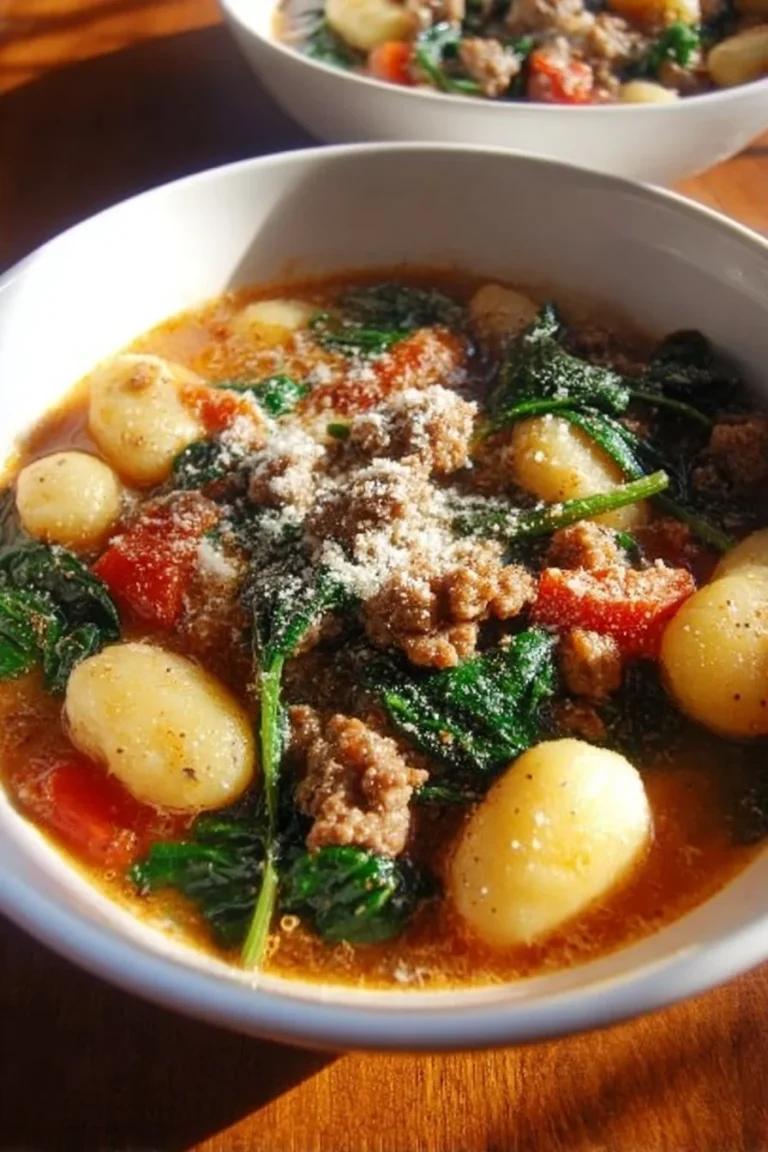 Bowl of Italian Sausage Gnocchi Soup with fresh herbs and vegetables