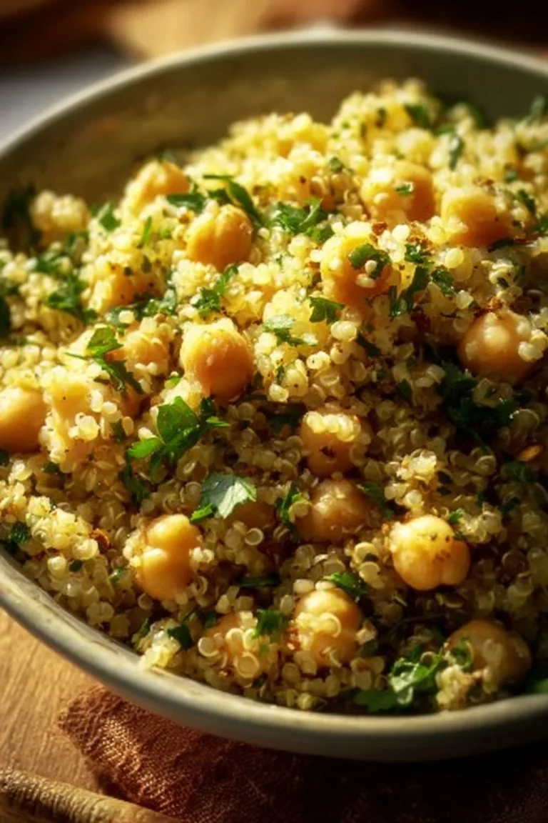 Bowl of Lemon Herb Quinoa with Garbanzo Beans topped with fresh herbs.
