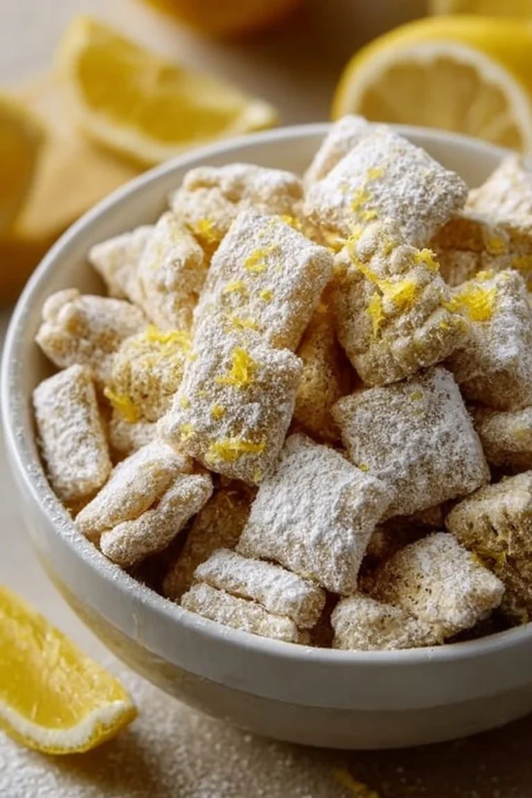 Bowl of Lemonade Puppy Chow with colorful cereal and lemon drizzle