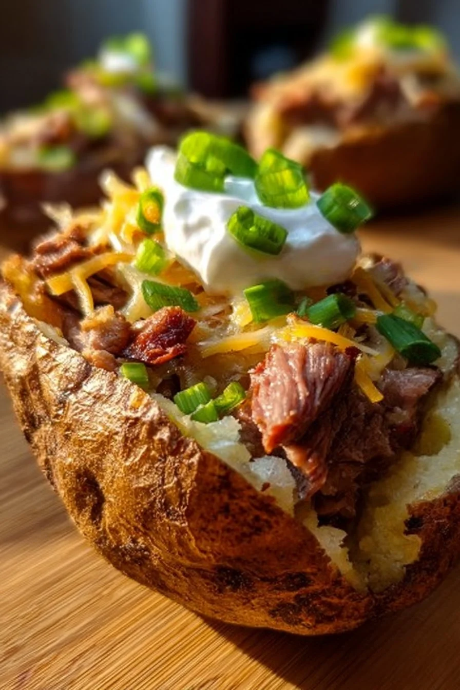 Loaded steak potato topped with cheese, sour cream, and green onions