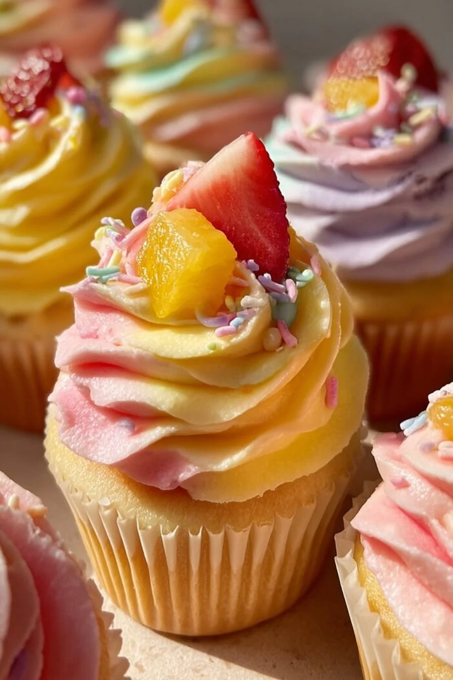 Mango Strawberry Sunset Cupcakes with vibrant colors and fresh fruit toppings