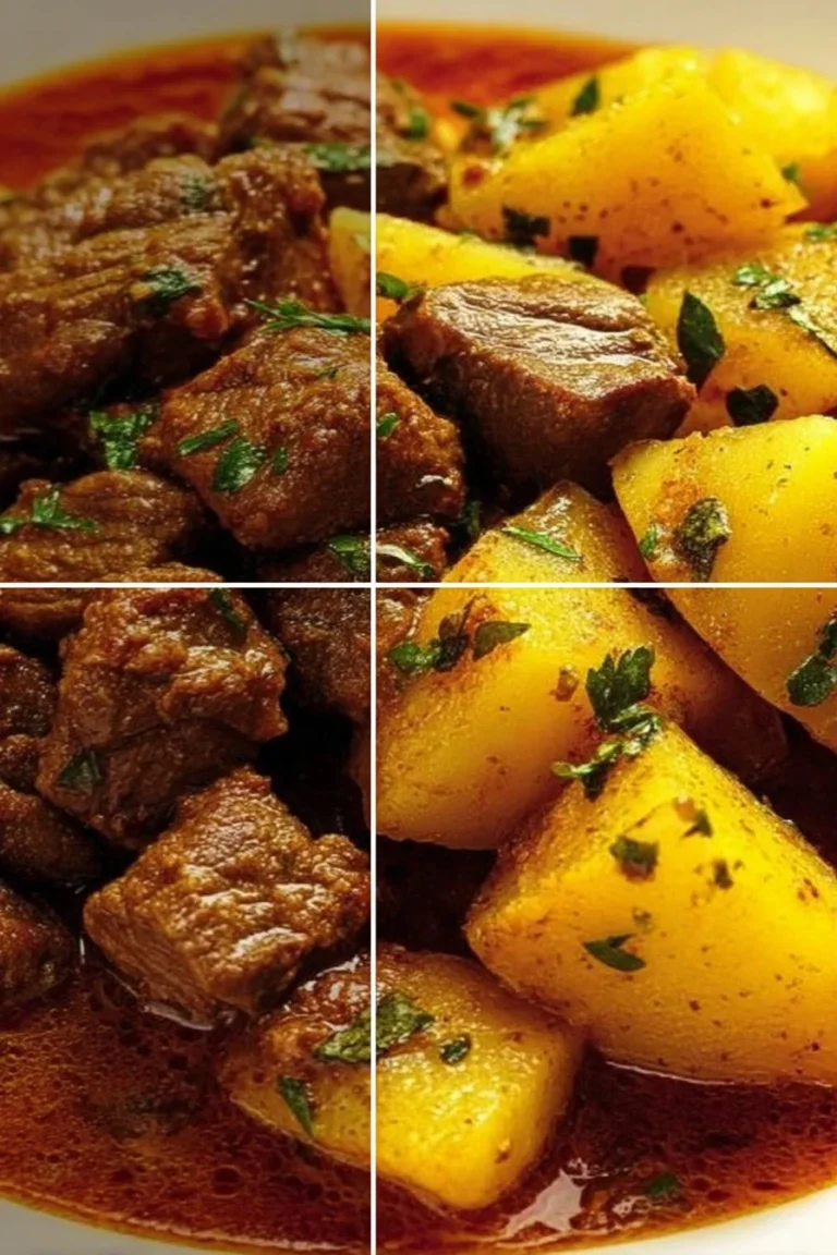 Hearty meat with potatoes served on a plate, showcasing a delicious comfort food dish.
