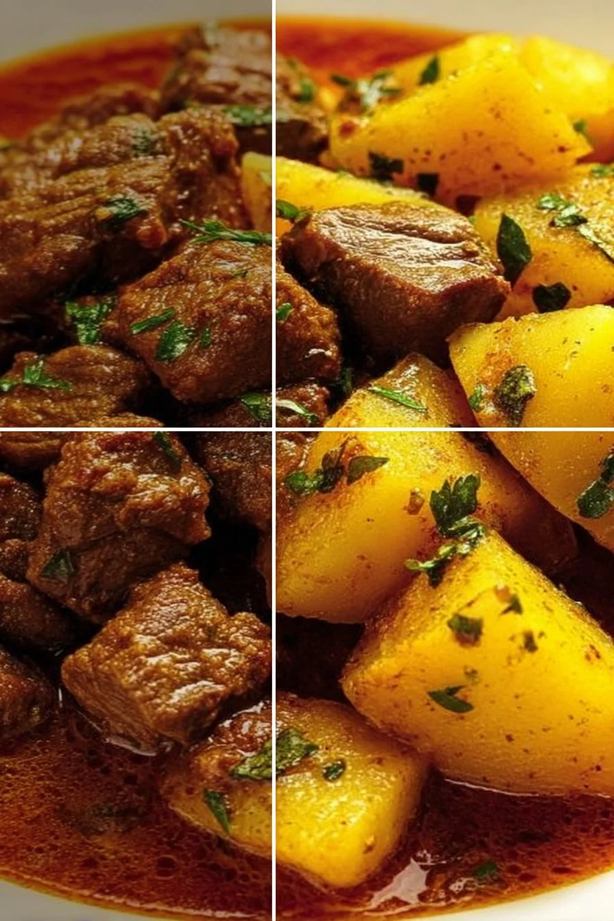 Hearty meat with potatoes served on a plate, showcasing a delicious comfort food dish.