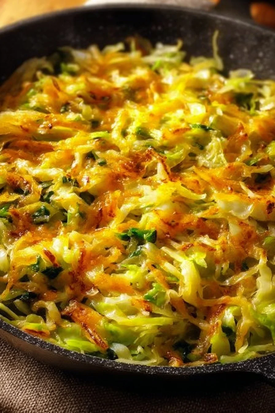 One-Pan Cheddar Cabbage Skillet dish served in a frying pan
