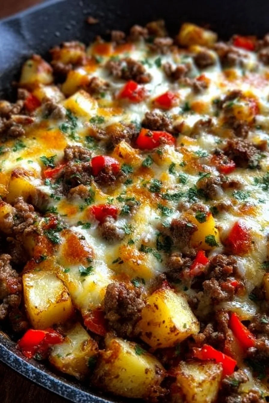 One-Pan Meat and Potato Skillet Delight with vegetables in a skillet