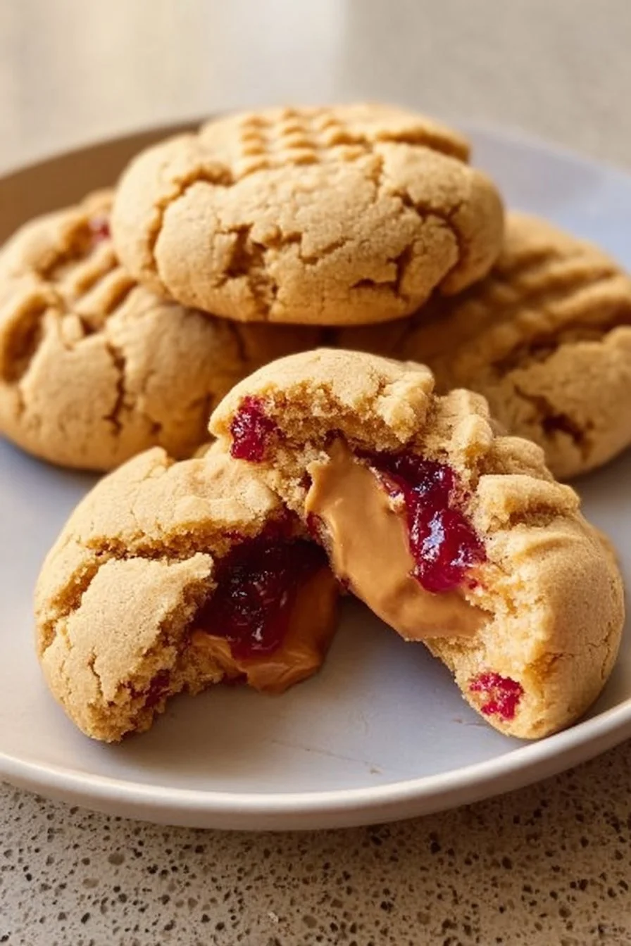 Delectable PBJ stuffed cookies with peanut butter and jelly filling