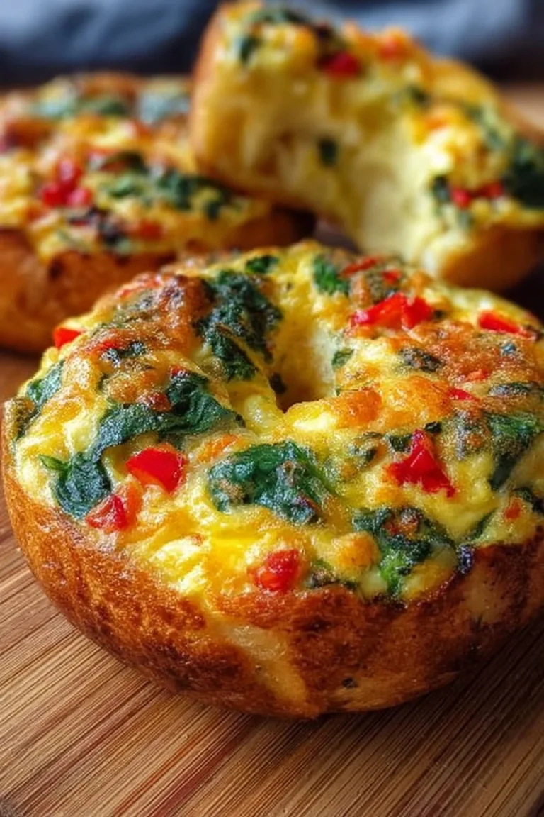 Quiche stuffed bagels filled with egg and cheese mixture for a tasty breakfast