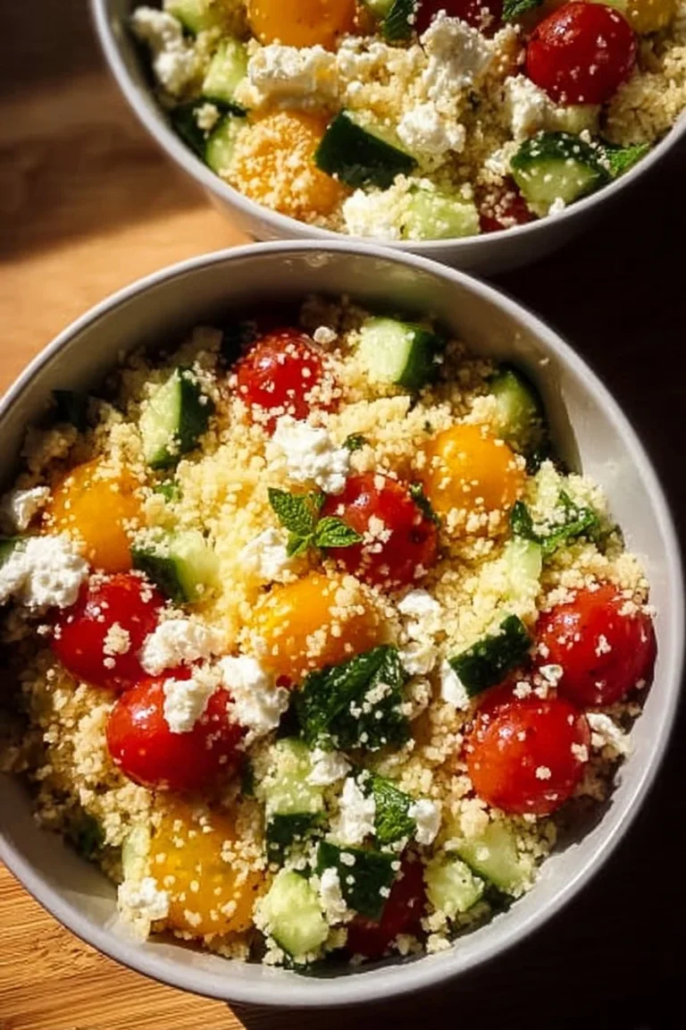Refreshing cucumber salad with lemon, feta cheese, and couscous served in a bowl