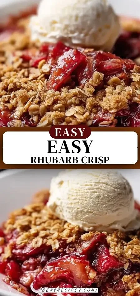 Delicious rhubarb crisp topped with buttery crumble served in a bowl