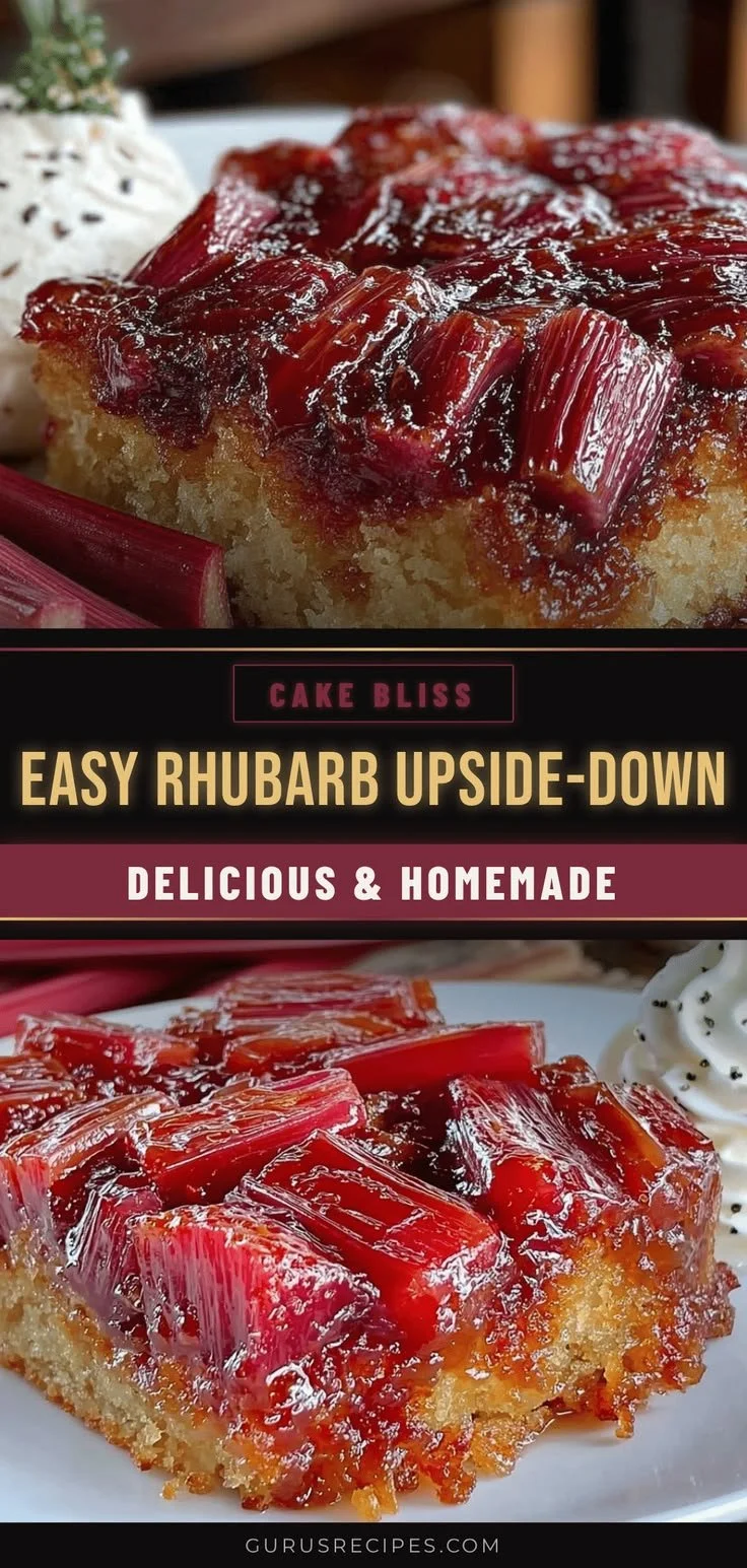 Delicious rhubarb upside-down cake served on a plate with vibrant fruit topping