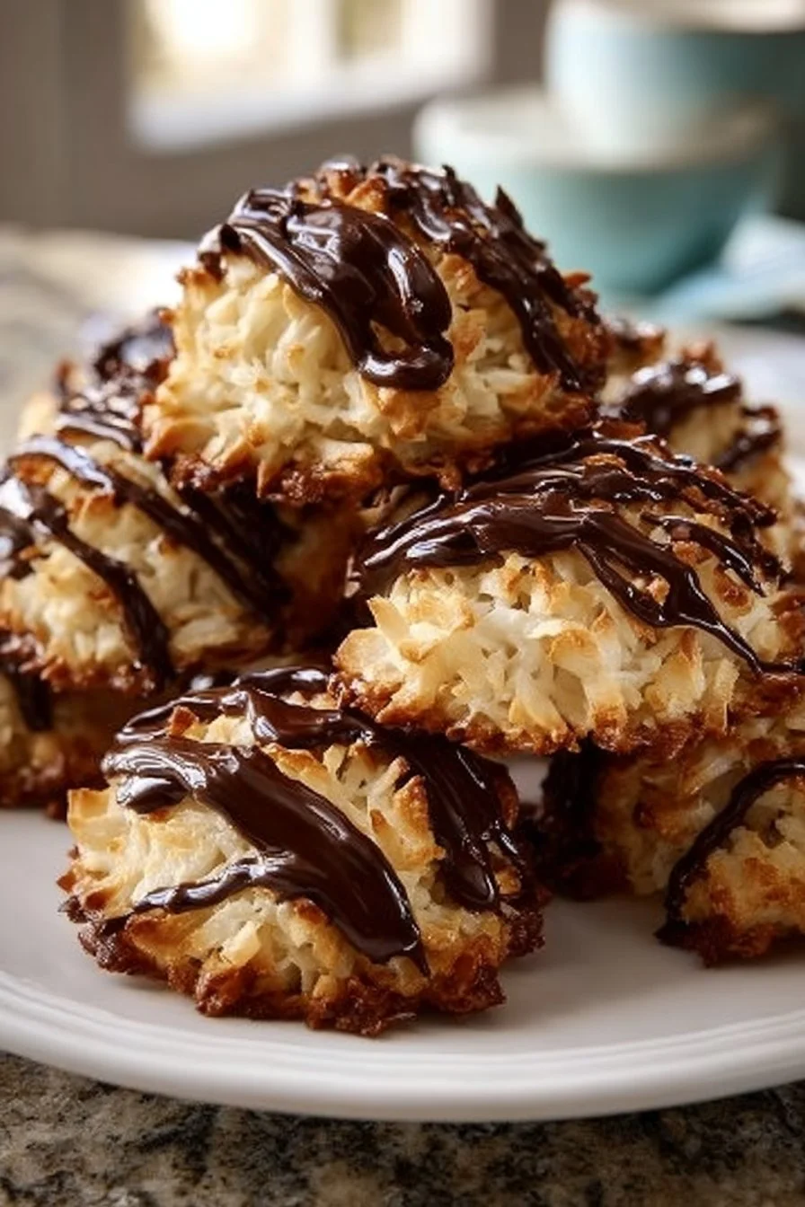 Delicious Samoas Cookies with coconut, caramel, and chocolate topping.