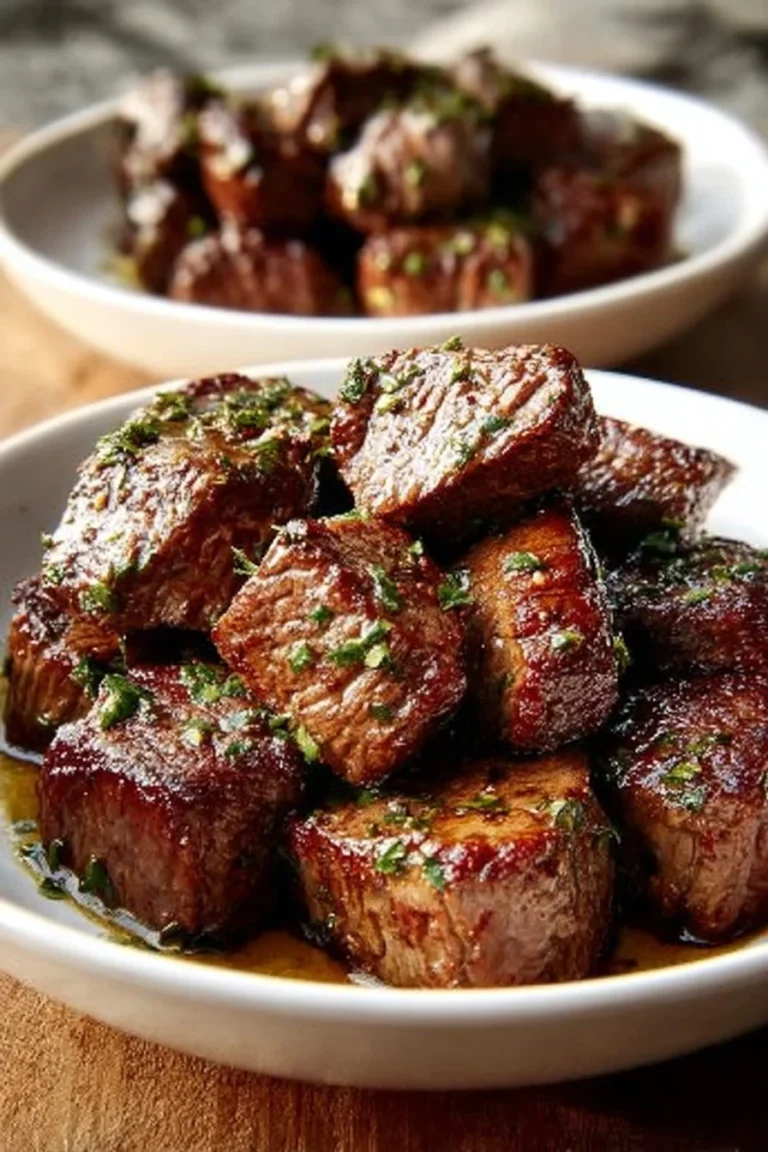 Delicious Mississippi Steak Bites on a plate garnished with herbs