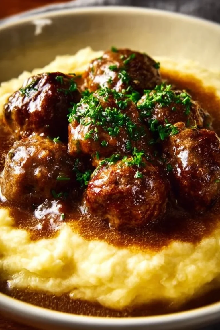 Savory Salisbury Meatball Mash served with creamy gravy and mashed potatoes