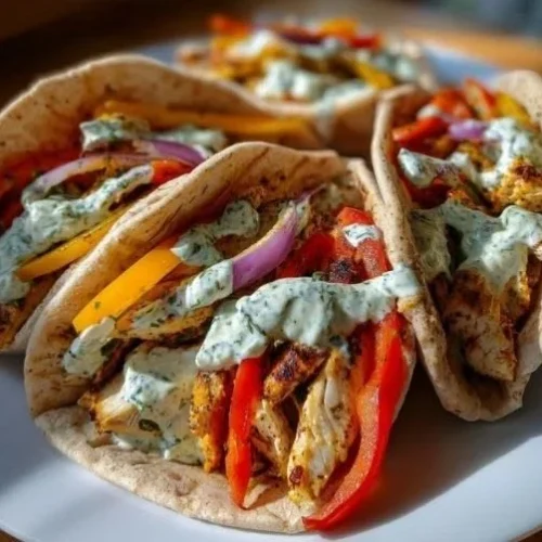 Sheet Pan Chicken Pitas with fresh vegetables and sauces