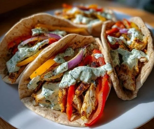 Sheet Pan Chicken Pitas with fresh vegetables and sauces