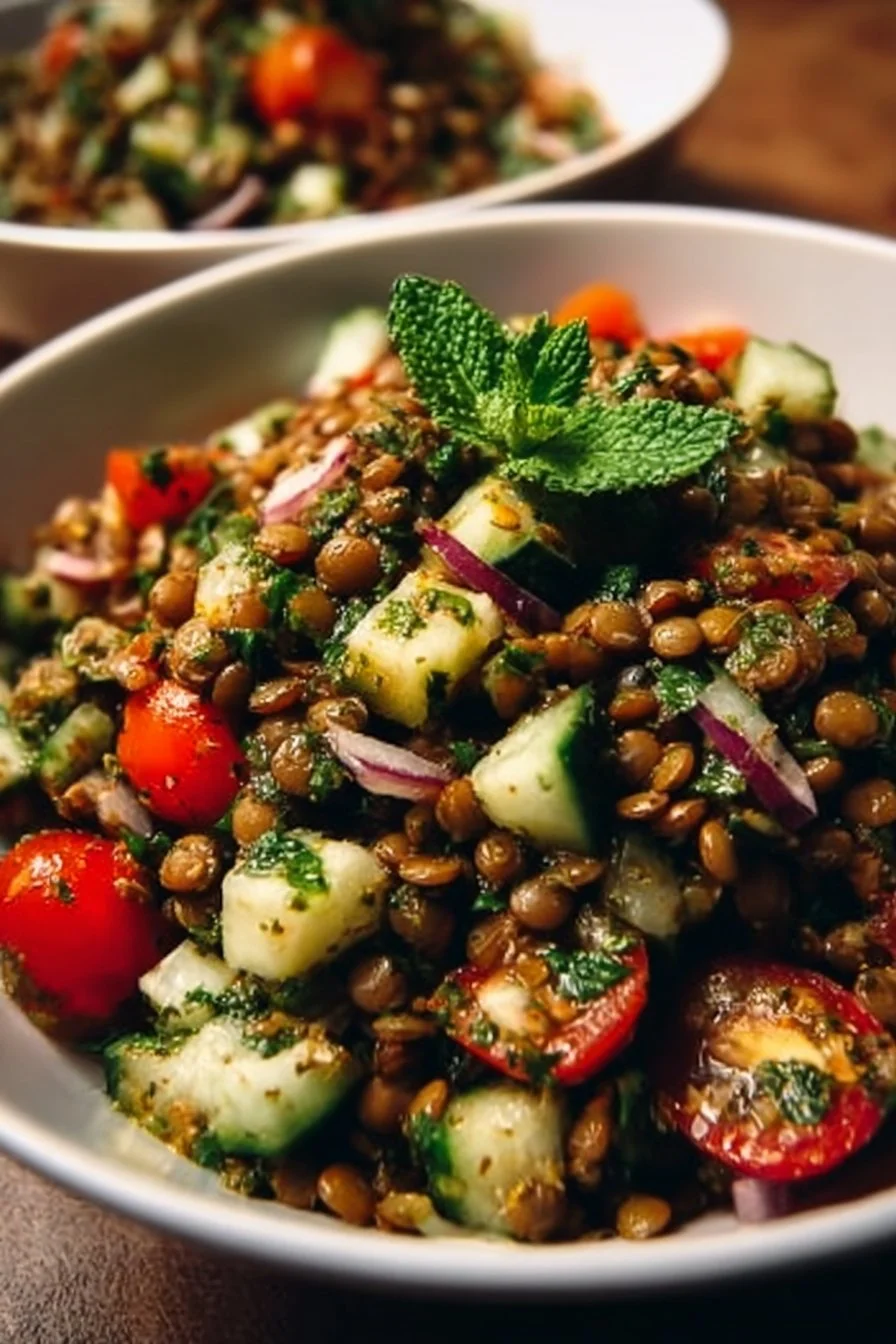 A vibrant bowl of Simple Lebanese Lentil Salad with fresh herbs and vegetables.