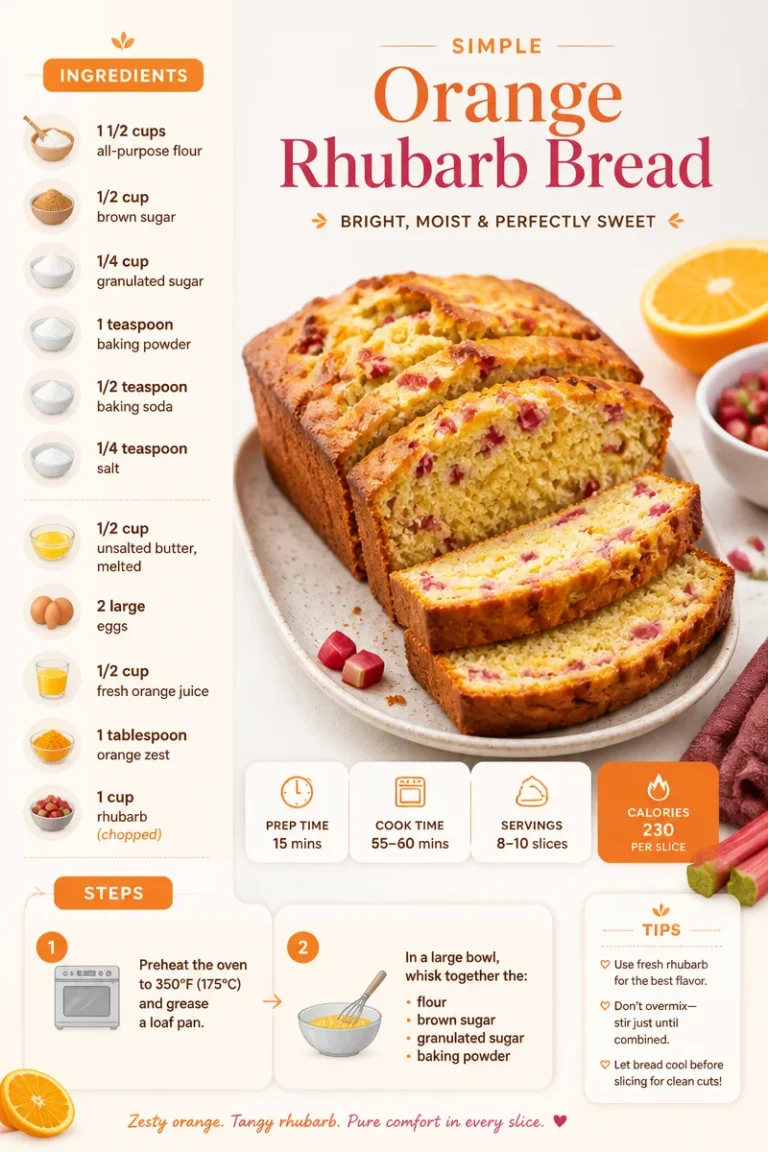 Loaf of simple orange rhubarb bread fresh out of the oven