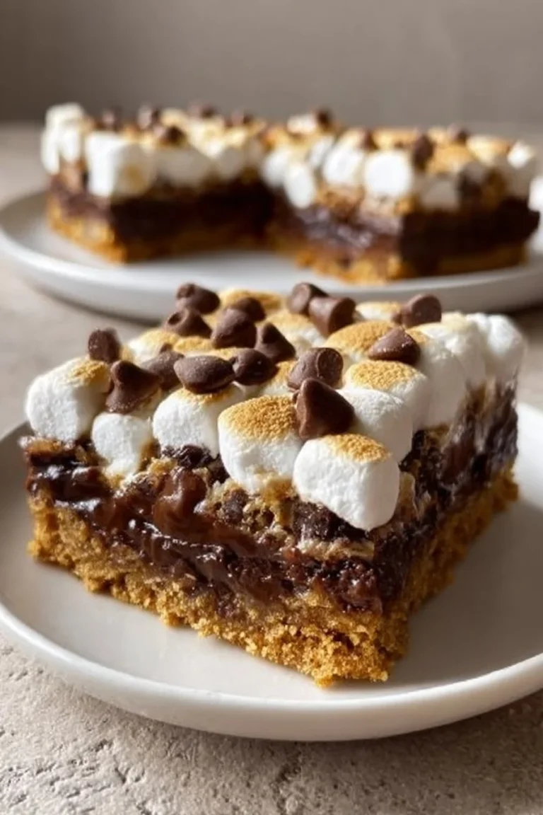 Delicious S'mores Bars with chocolate, marshmallows, and graham crackers on a plate.