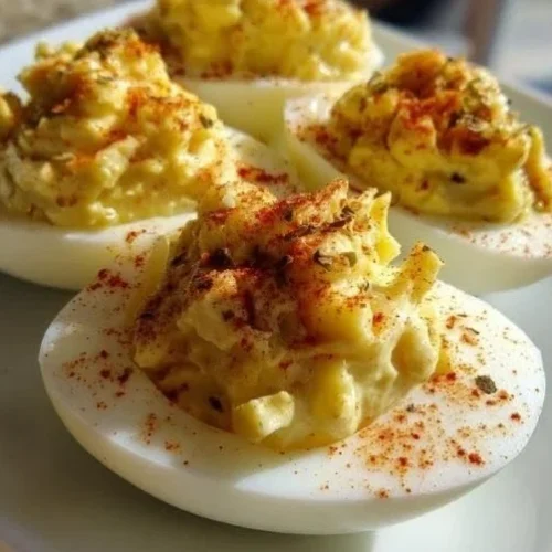Spicy banana pepper deviled eggs served on a platter