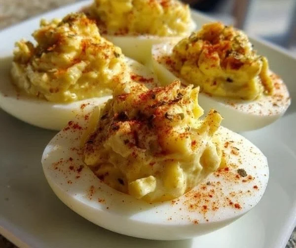 Spicy banana pepper deviled eggs served on a platter