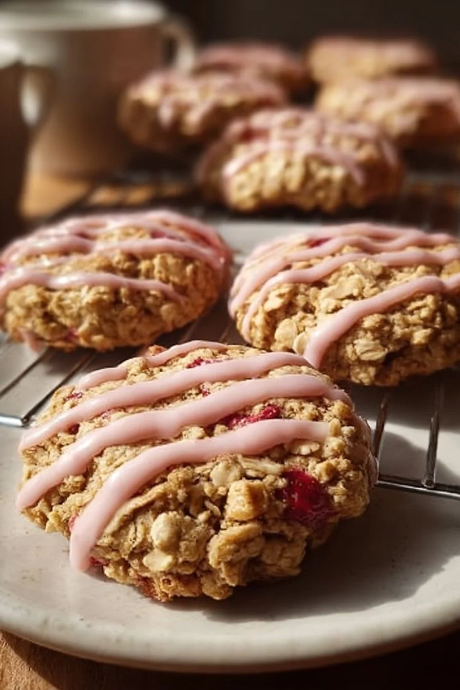 Freshly baked strawberry iced oatmeal cookies on a plate