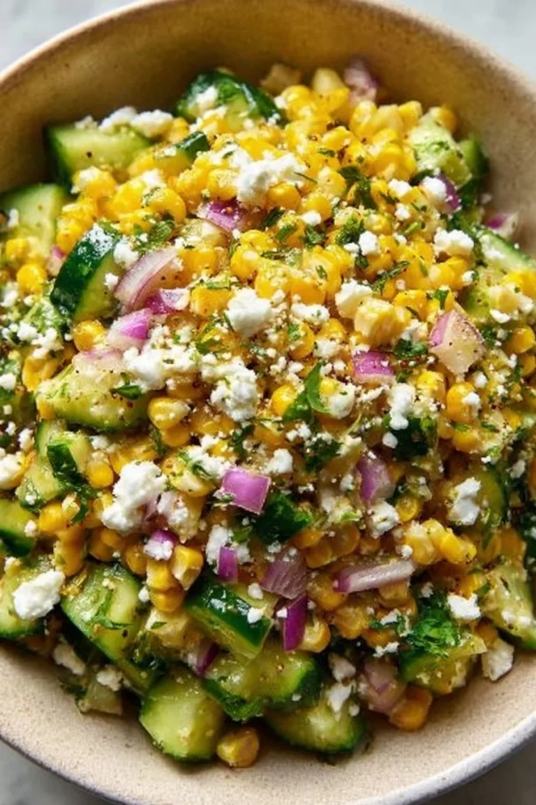 Refreshing street corn salad with cucumbers and colorful ingredients.