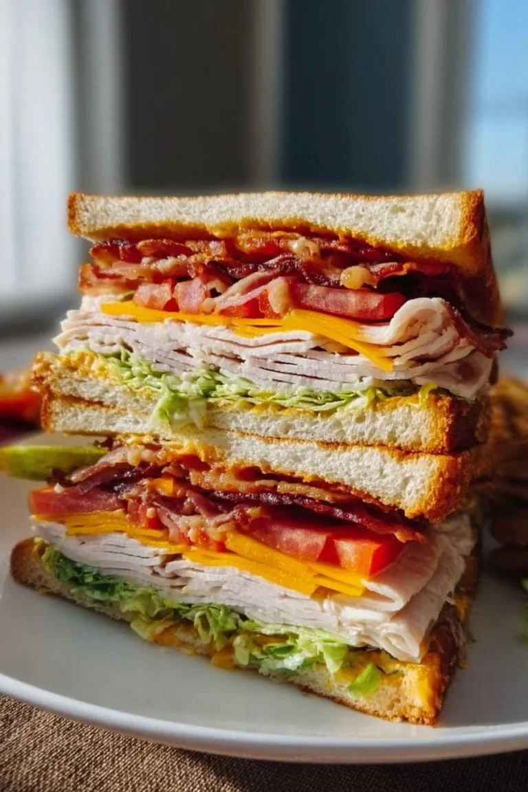 Ultimate Cowboy Club Sandwich stacked with ingredients on a wooden platter
