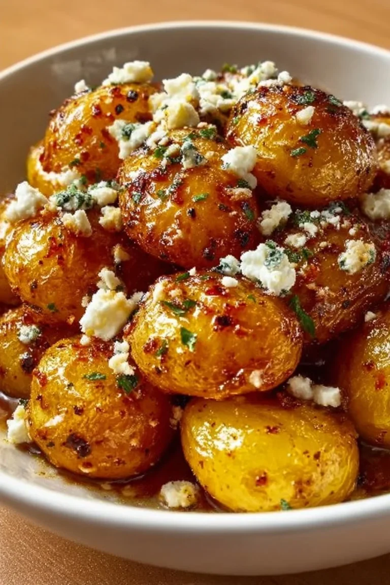 Zesty Greek feta roasted potatoes garnished with herbs in a bowl.